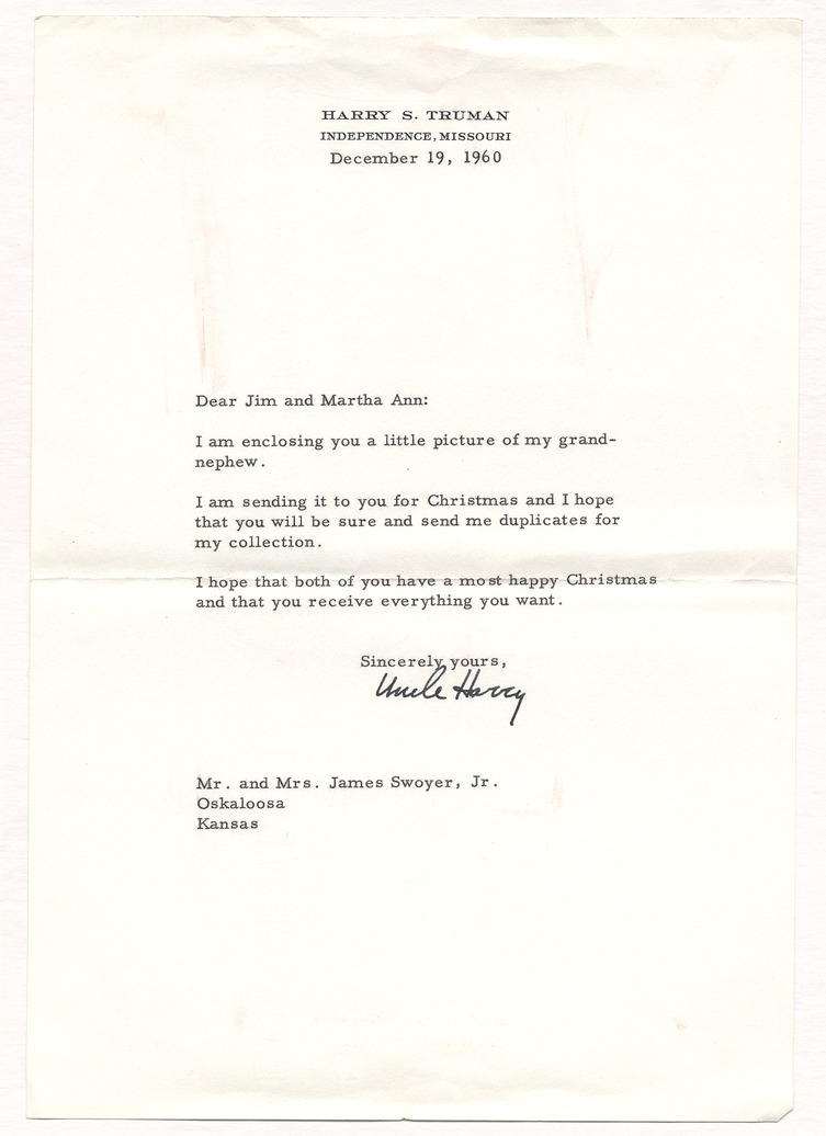 Letter from Former President Harry S. Truman to Jim & Martha Ann Swoyer