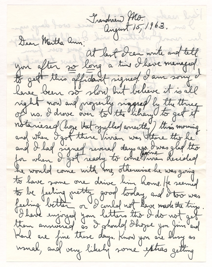 Letter from Mary Jane Truman to Martha Ann Swoyer and Affidavit by Mary Jane Truman Witnessed by J. Vivian Truman and Former President Harry S. Truman