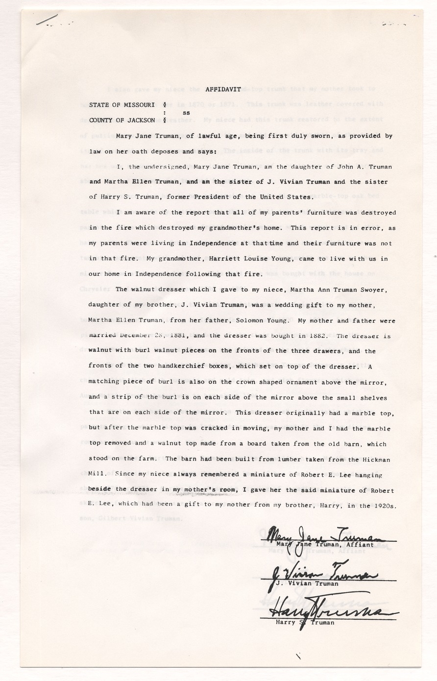 Letter from Mary Jane Truman to Martha Ann Swoyer and Affidavit by Mary Jane Truman Witnessed by J. Vivian Truman and Former President Harry S. Truman