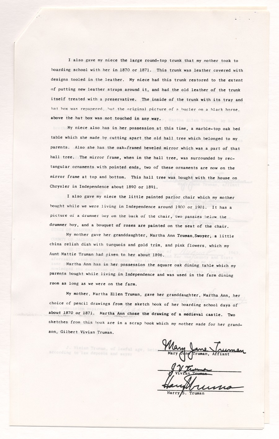 Letter from Mary Jane Truman to Martha Ann Swoyer and Affidavit by Mary Jane Truman Witnessed by J. Vivian Truman and Former President Harry S. Truman