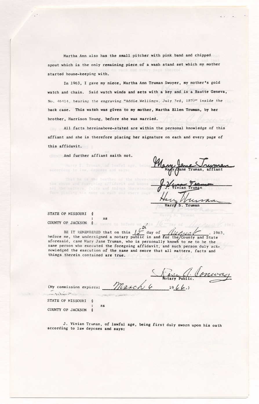 Letter from Mary Jane Truman to Martha Ann Swoyer and Affidavit by Mary Jane Truman Witnessed by J. Vivian Truman and Former President Harry S. Truman