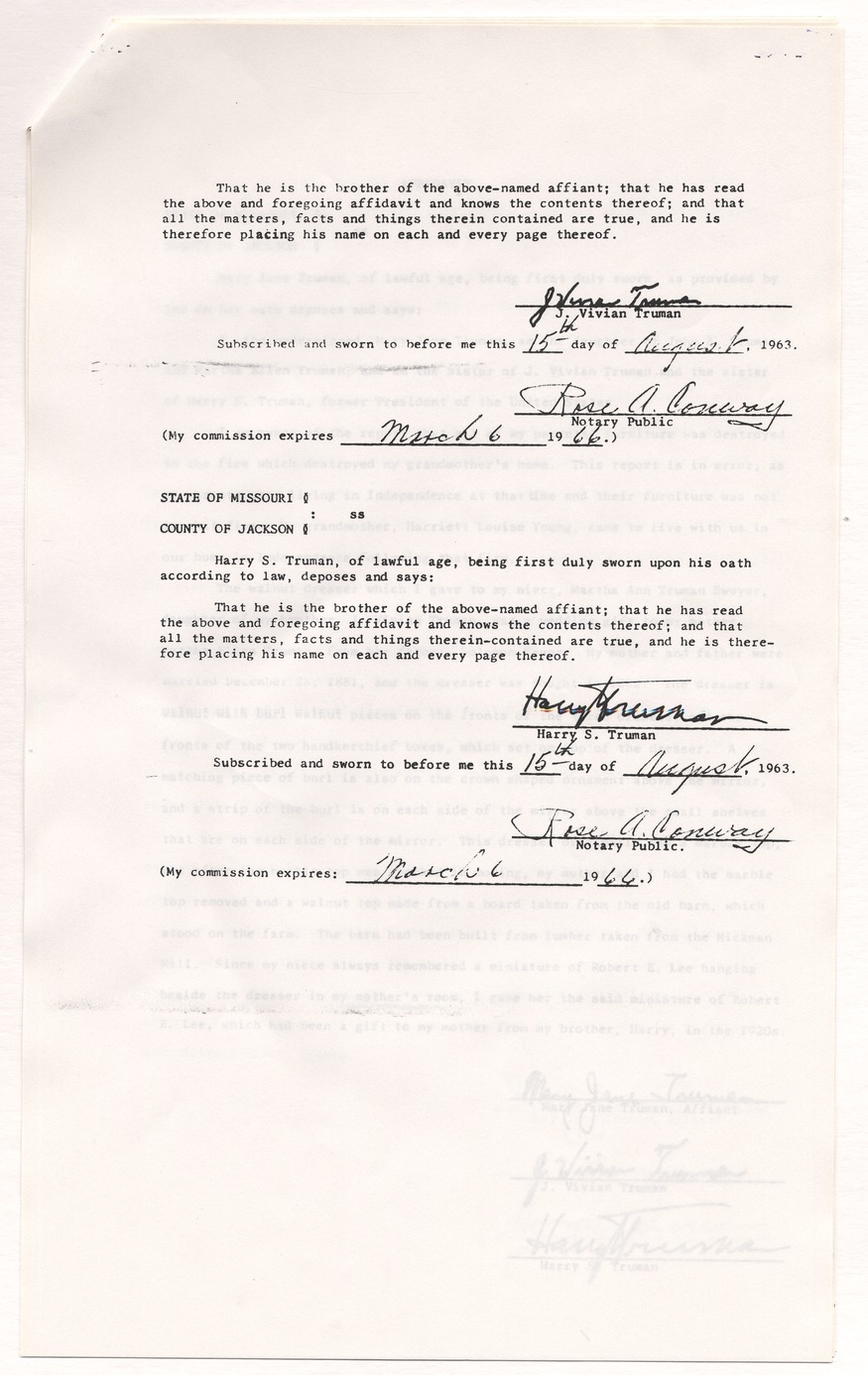 Letter from Mary Jane Truman to Martha Ann Swoyer and Affidavit by Mary Jane Truman Witnessed by J. Vivian Truman and Former President Harry S. Truman