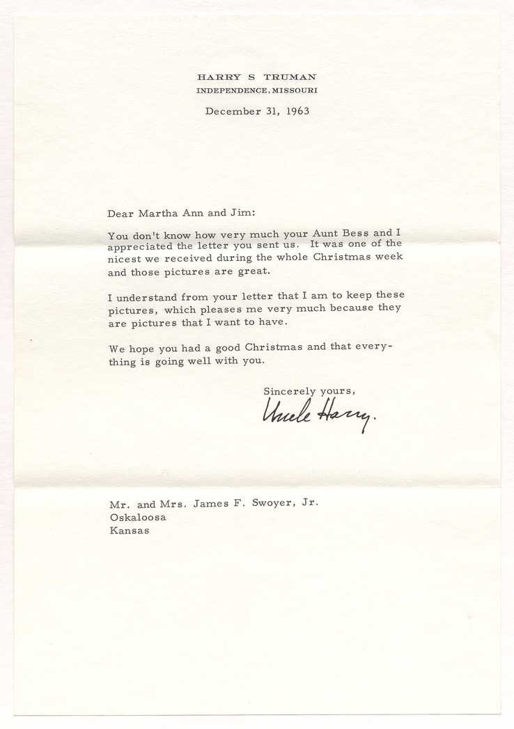 Letter from Former President Harry S. Truman to Jim & Martha Ann Swoyer