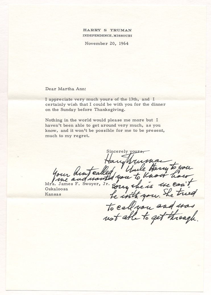 Letter from Former President Harry S. Truman to Martha Ann Swoyer