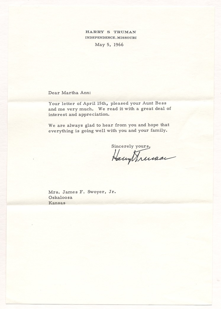 Letter from Former President Harry S. Truman to Martha Ann Swoyer