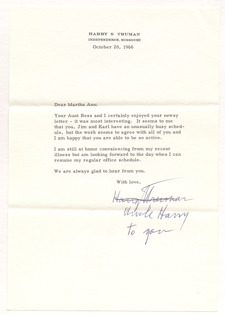 Letter from Former President Harry S. Truman to Martha Ann Swoyer