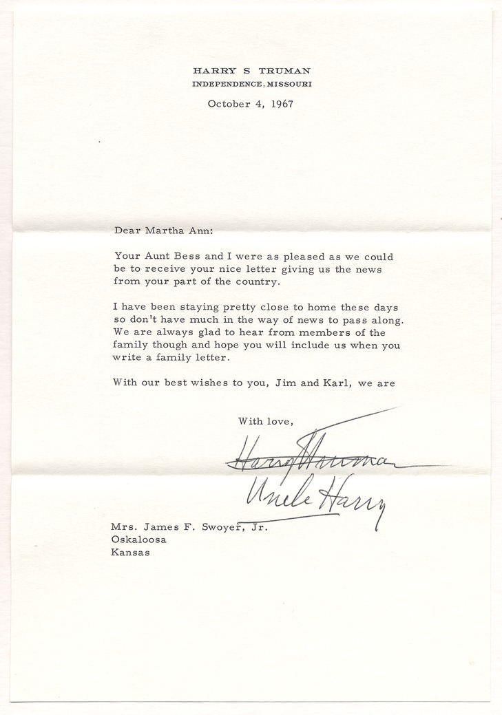 Letter from Former President Harry S. Truman to Martha Ann Swoyer