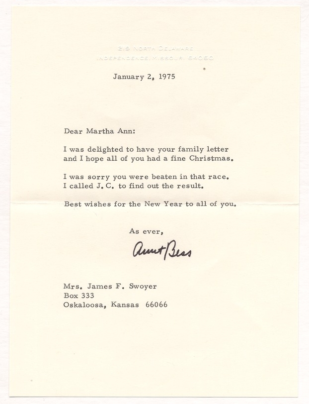 Letter from Bess W. Truman to Martha Ann Swoyer