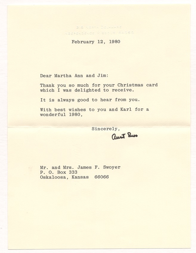 Letter from Bess W. Truman to Jim & Martha Ann Swoyer