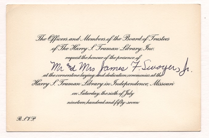 Invitation to the Dedication of the Harry S. Truman Presidential Library
