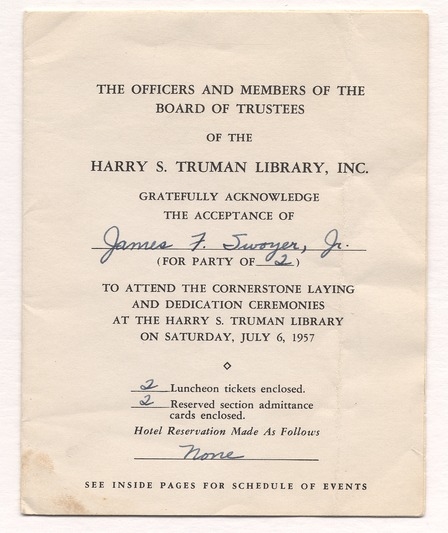 Invitation Acknowledgement for the Dedication of the Harry S. Truman Presidential Library