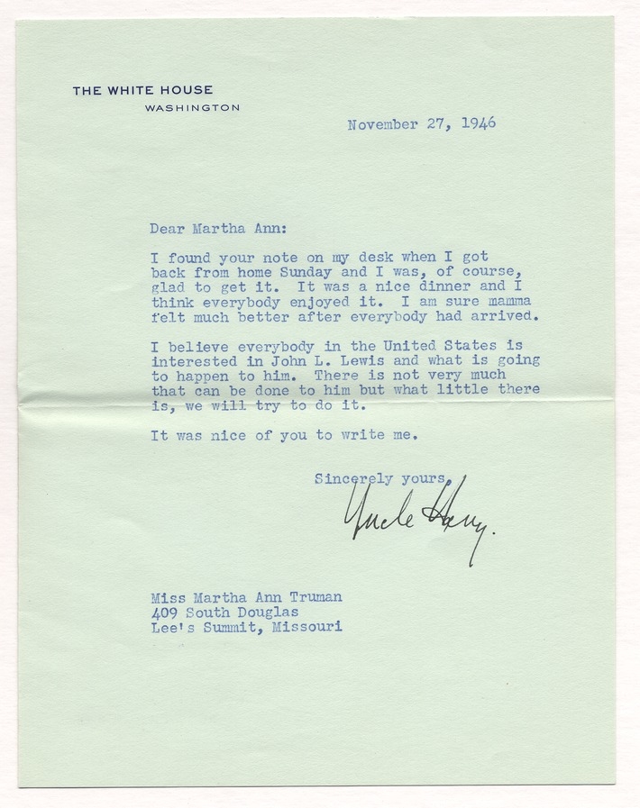 Letter from President Harry S. Truman to Martha Ann Truman