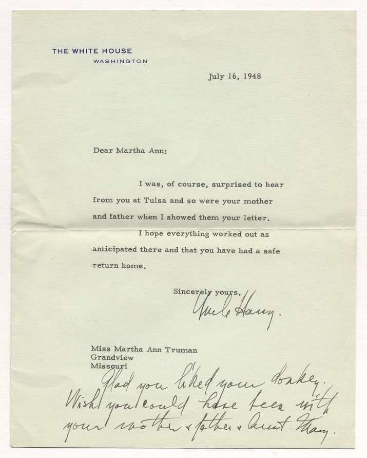 Letter from President Harry S. Truman to Martha Ann Truman