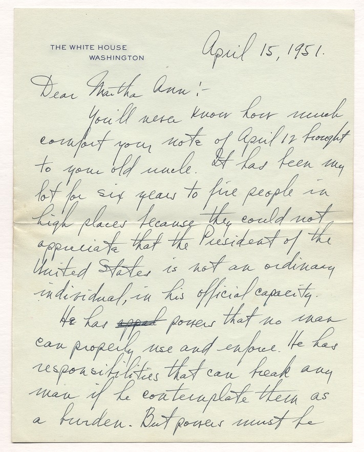 Letter from President Harry S. Truman to Martha Ann Truman