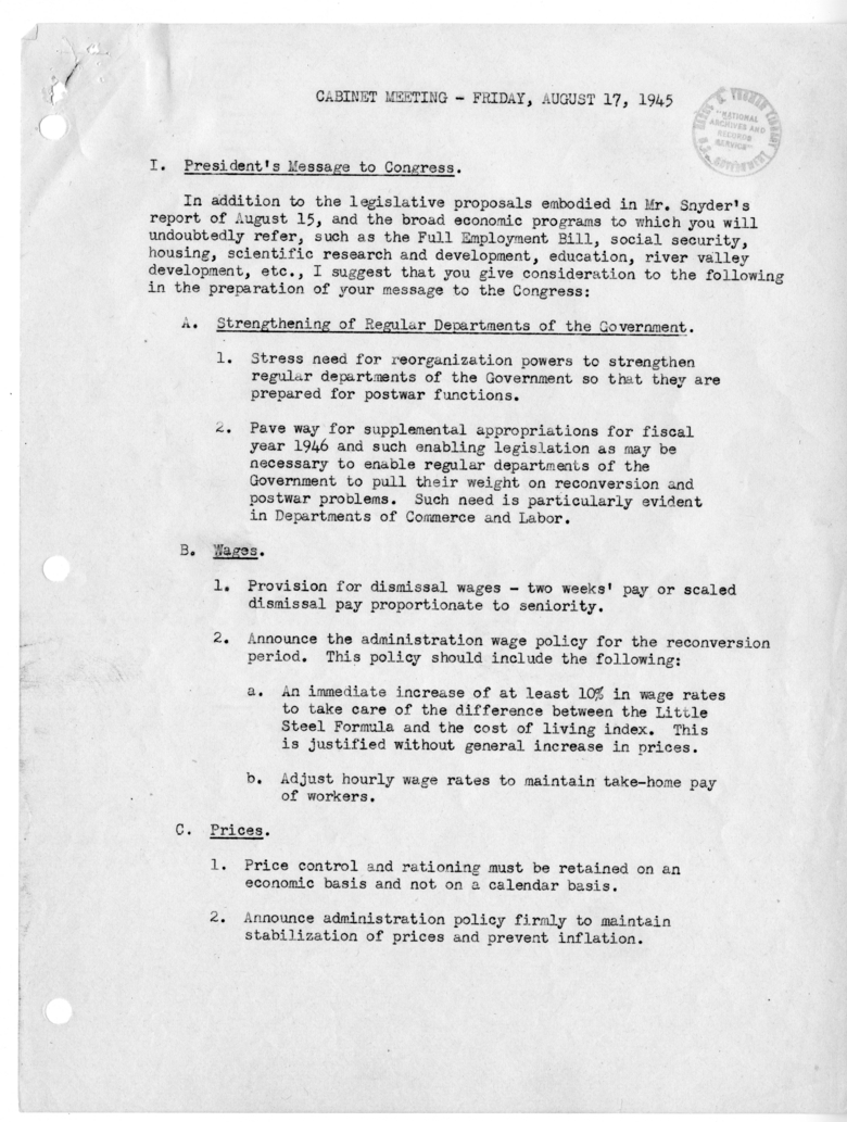 Cabinet Meeting Memorandum from Henry Wallace