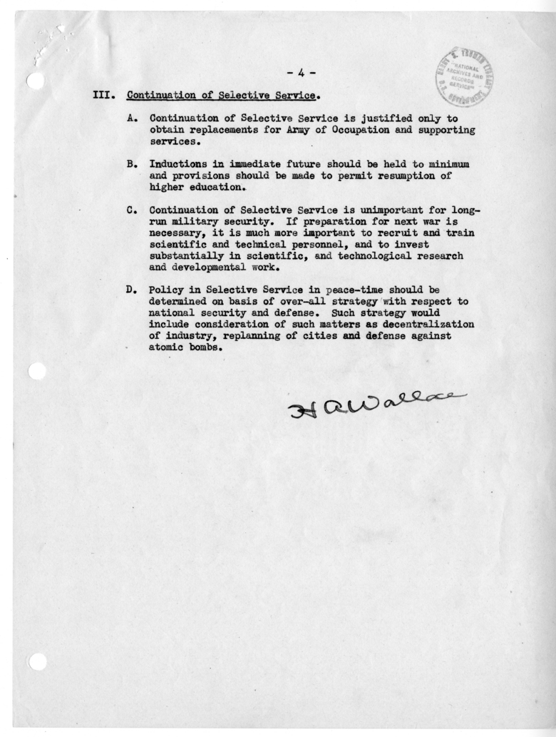 Cabinet Meeting Memorandum from Henry Wallace