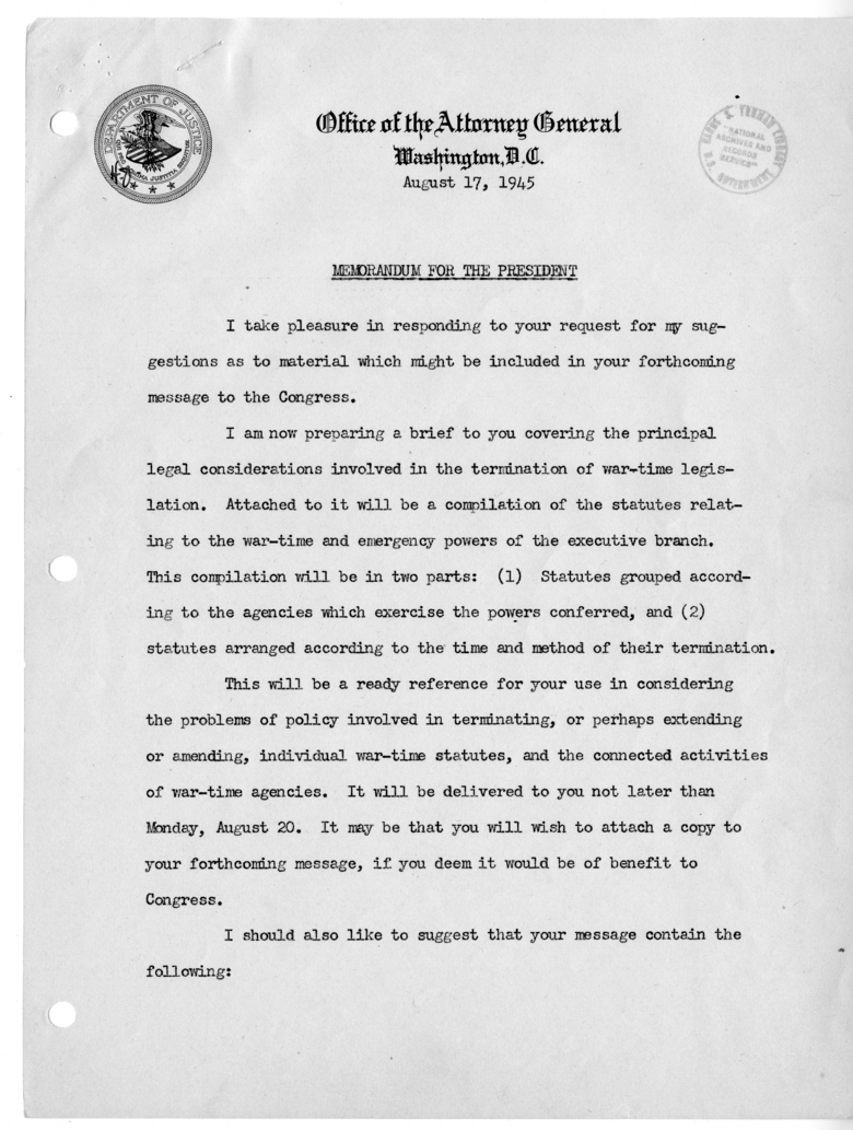 Memorandum from Attorney General Tom Clark to President Harry S. Truman