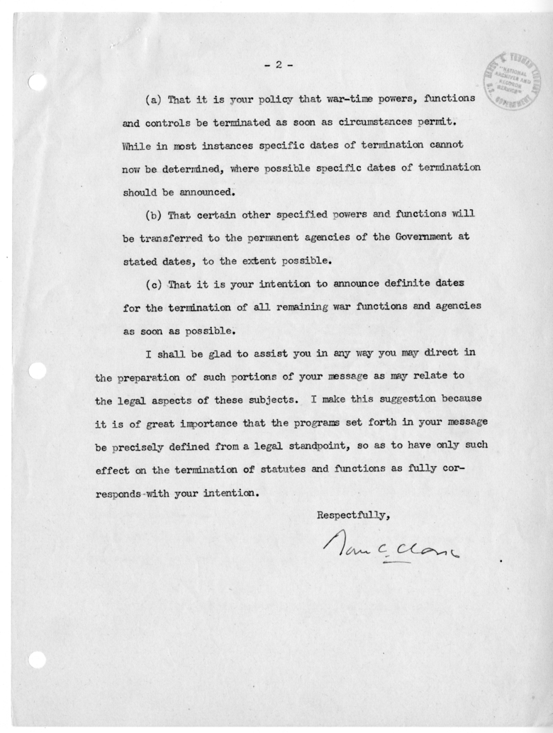 Memorandum from Attorney General Tom Clark to President Harry S. Truman