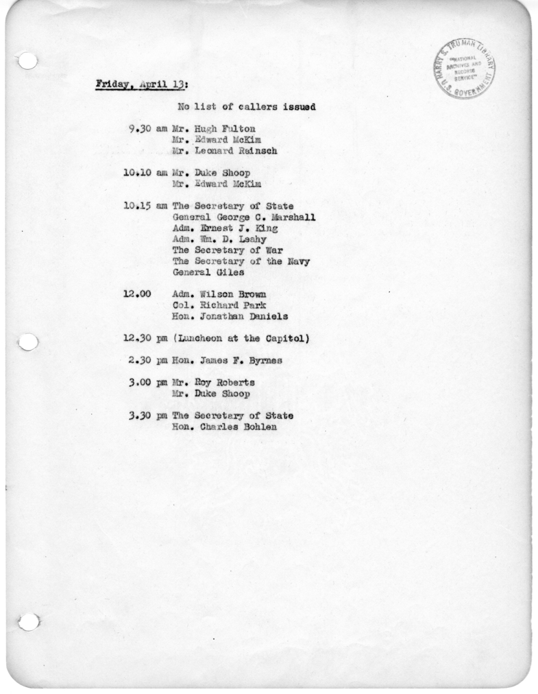 Daily Appointment Sheet for President Harry S. Truman