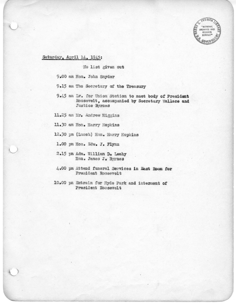 Daily Appointment Sheet for President Harry S. Truman