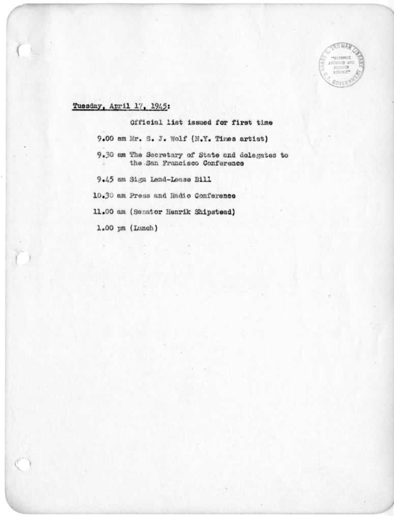 Daily Appointment Sheet for President Harry S. Truman