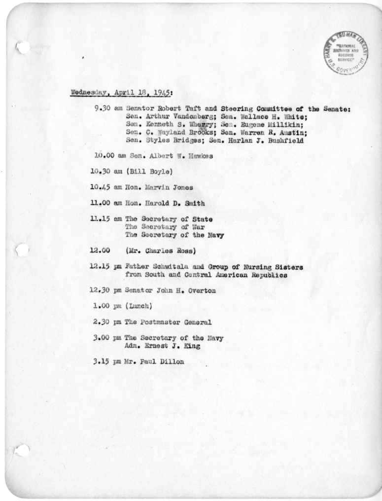 Daily Appointment Sheet for President Harry S. Truman