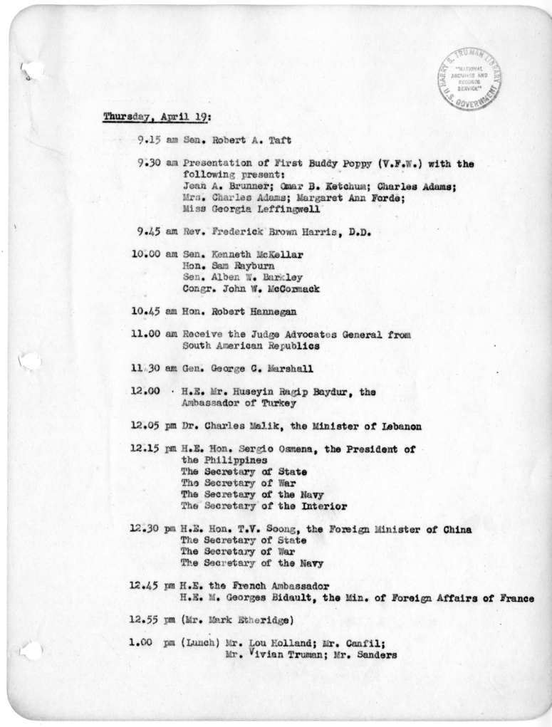 Daily Appointment Sheet for President Harry S. Truman