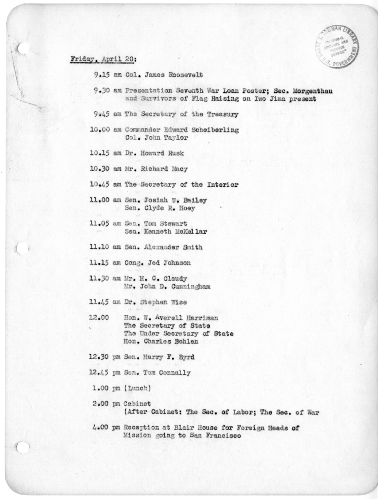 Daily Appointment Sheet for President Harry S. Truman