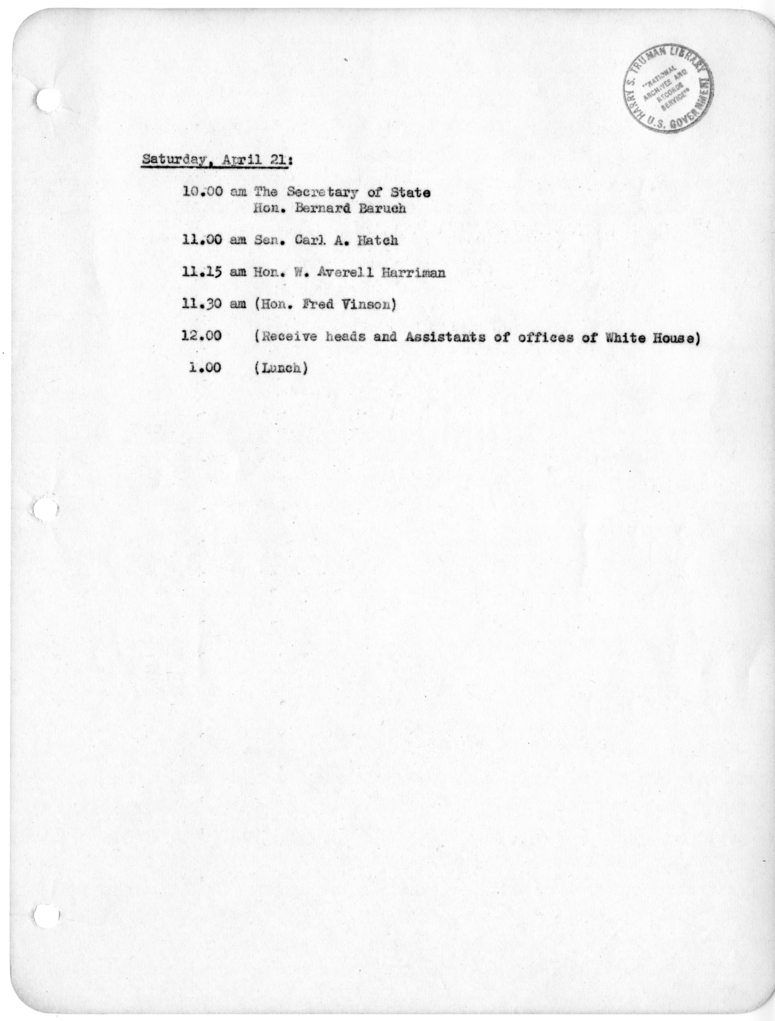 Daily Appointment Sheet for President Harry S. Truman