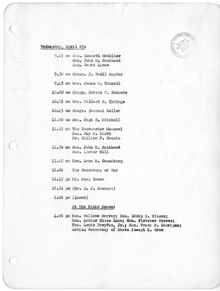 Daily Appointment Sheet for President Harry S. Truman