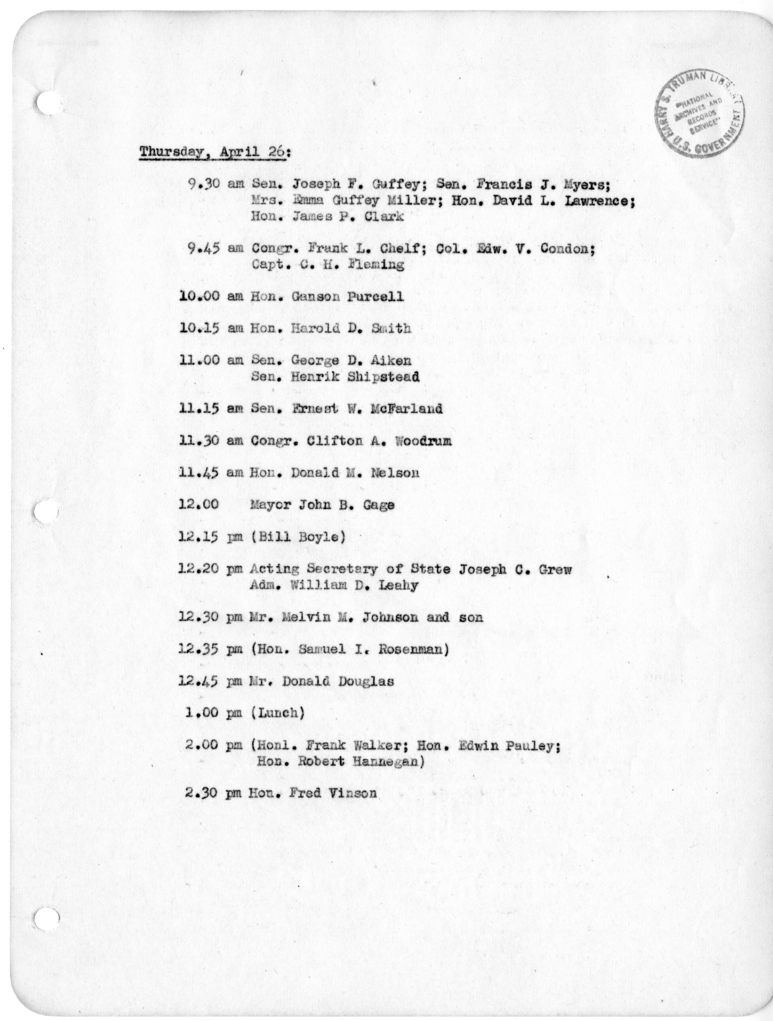 Daily Appointment Sheet for President Harry S. Truman