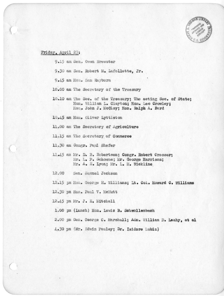 Daily Appointment Sheet for President Harry S. Truman