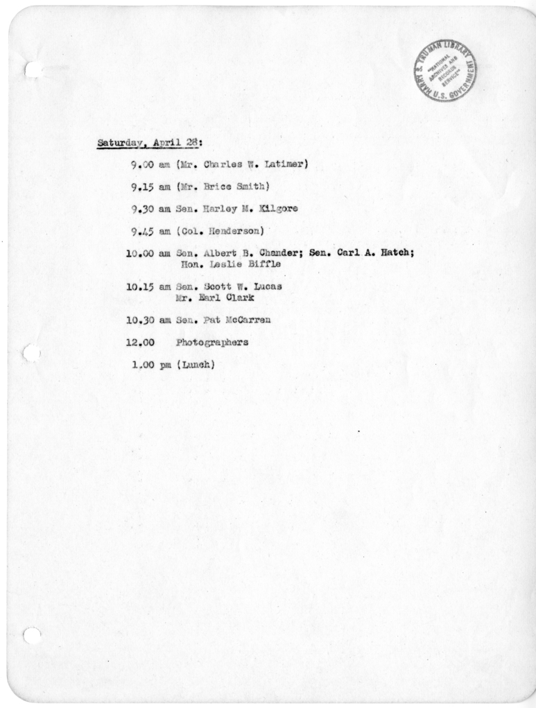 Daily Appointment Sheet for President Harry S. Truman