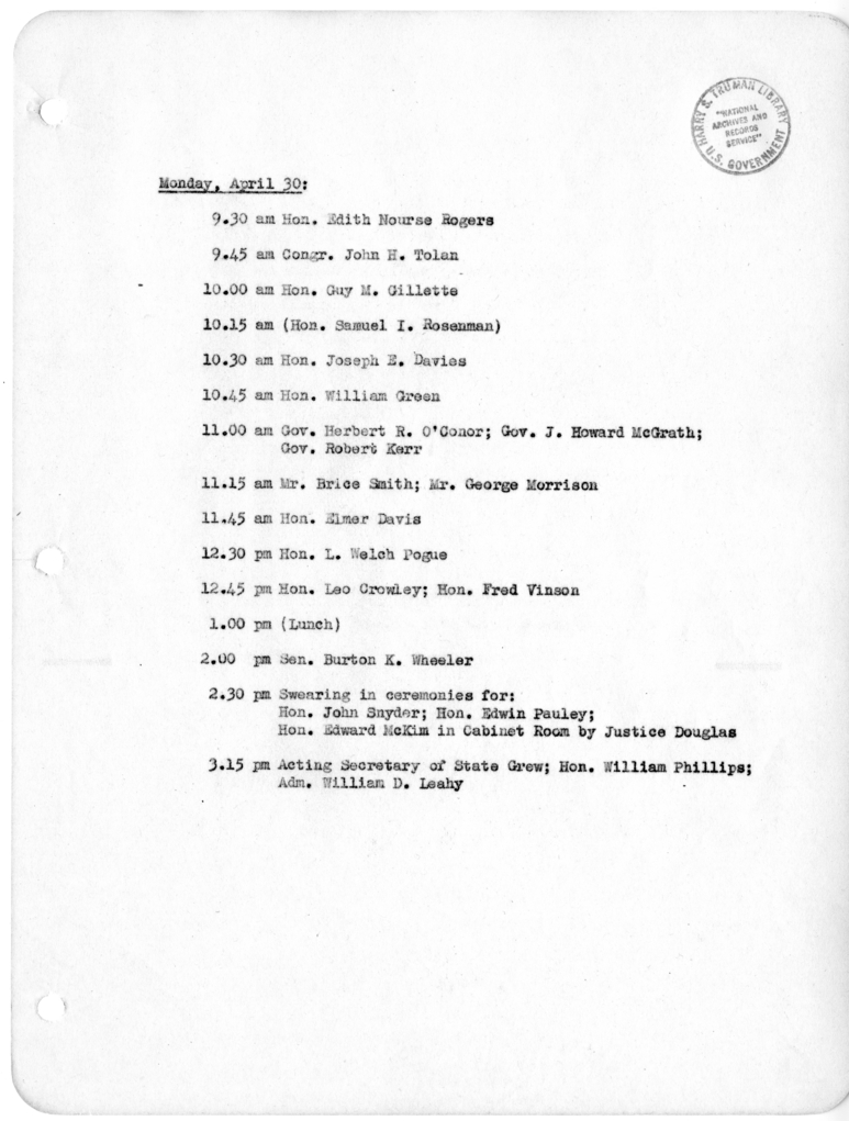 Daily Appointment Sheet for President Harry S. Truman