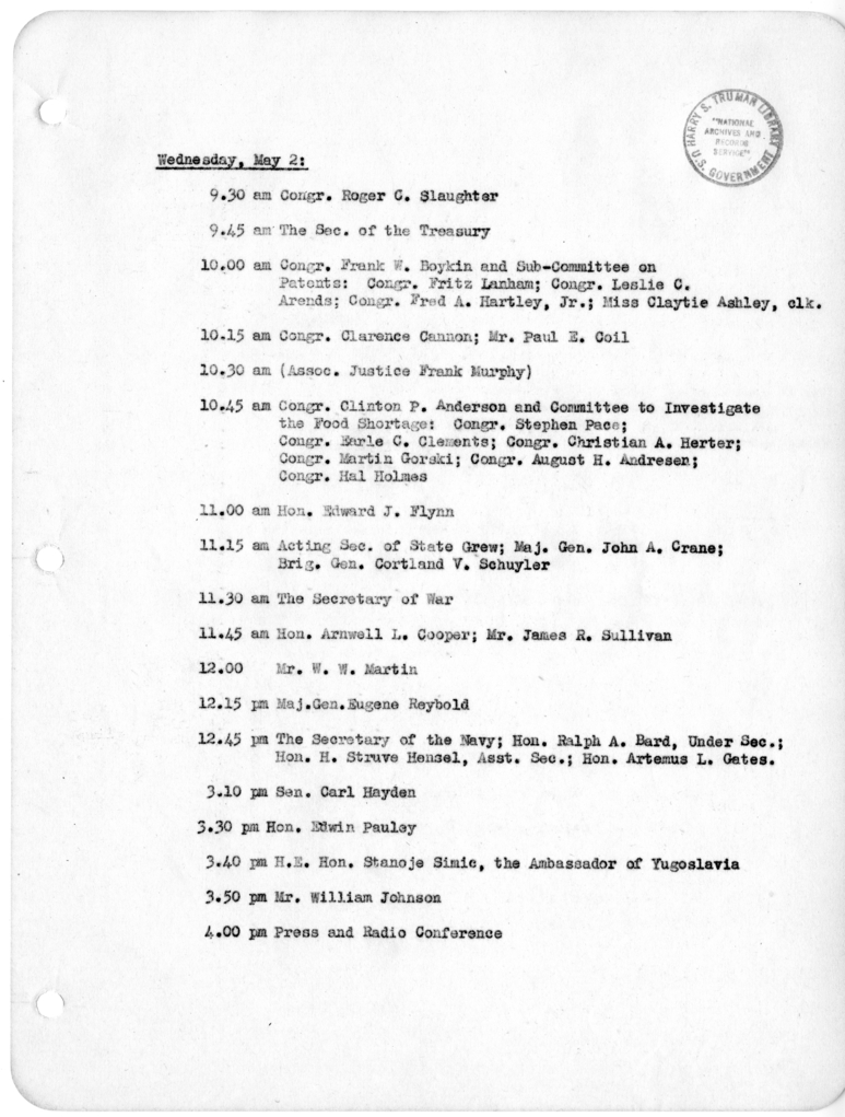 Daily Appointment Sheet for President Harry S. Truman