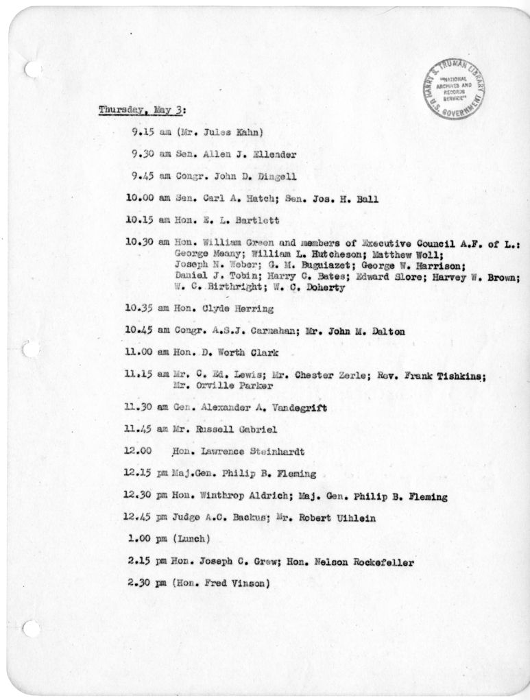 Daily Appointment Sheet for President Harry S. Truman