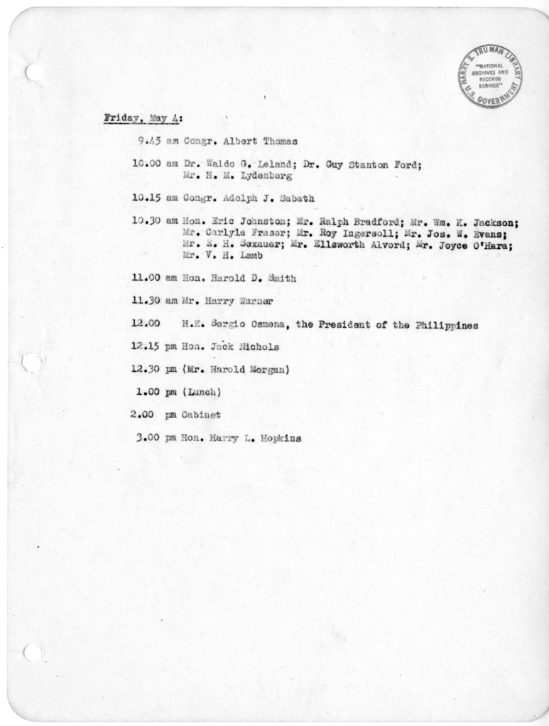 Daily Appointment Sheet for President Harry S. Truman