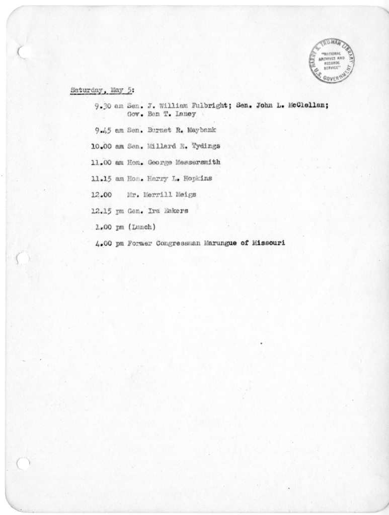 Daily Appointment Sheet for President Harry S. Truman