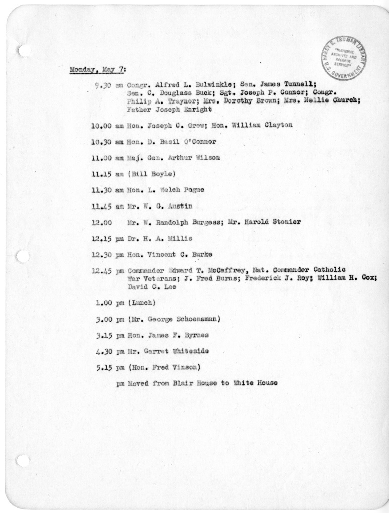 Daily Appointment Sheet for President Harry S. Truman