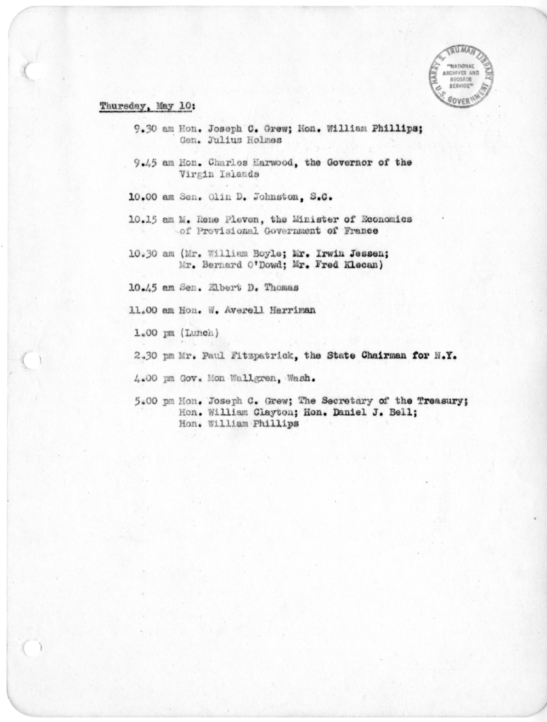 Daily Appointment Sheet for President Harry S. Truman