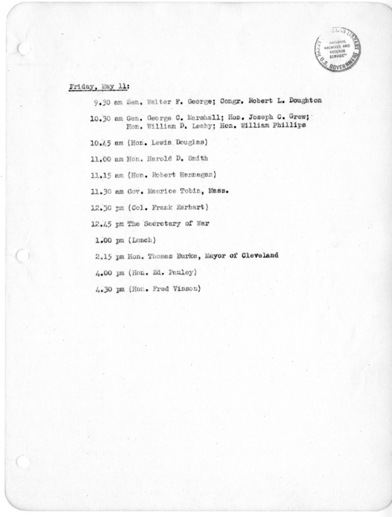 Daily Appointment Sheet for President Harry S. Truman