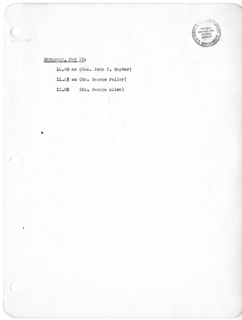 Daily Appointment Sheet for President Harry S. Truman