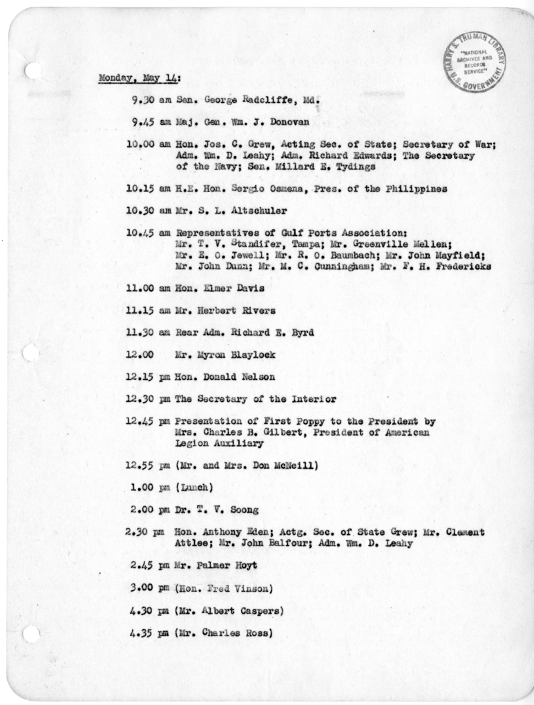 Daily Appointment Sheet for President Harry S. Truman