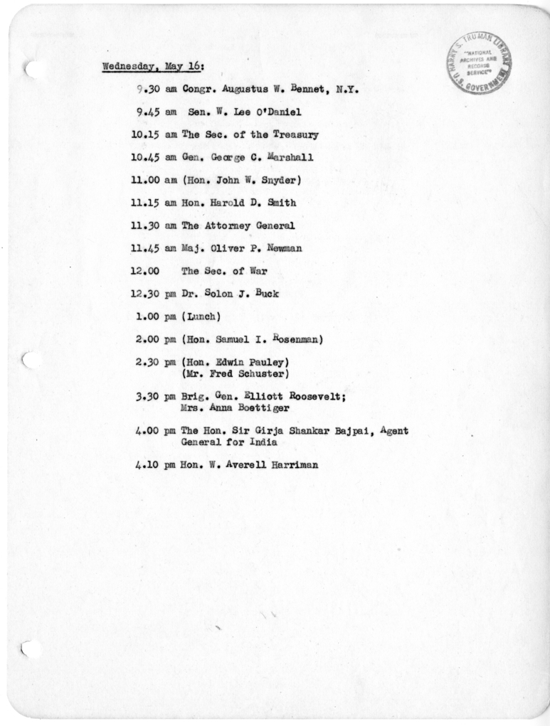 Daily Appointment Sheet for President Harry S. Truman