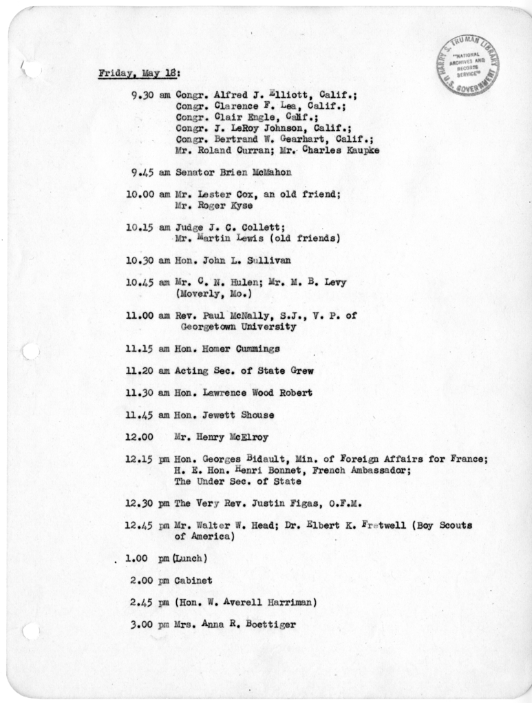 Daily Appointment Sheet for President Harry S. Truman