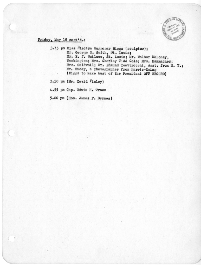 Daily Appointment Sheet for President Harry S. Truman