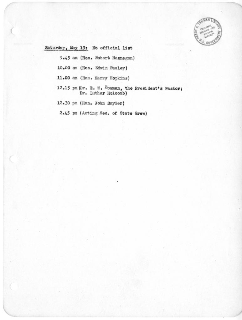 Daily Appointment Sheet for President Harry S. Truman