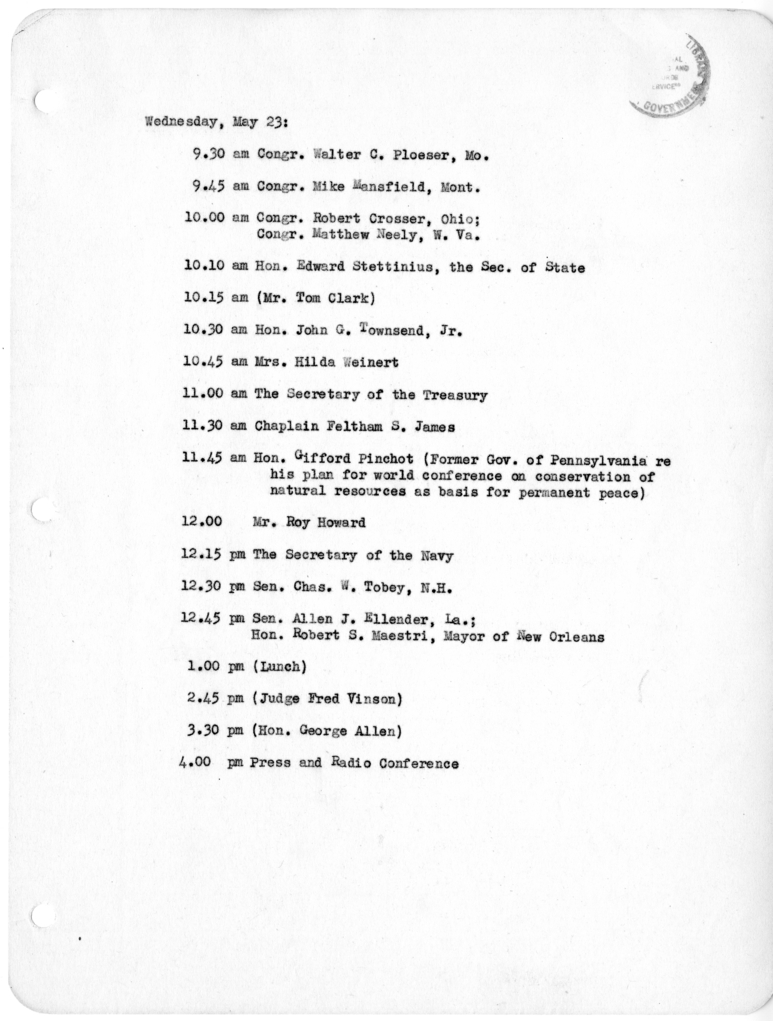 Daily Appointment Sheet for President Harry S. Truman