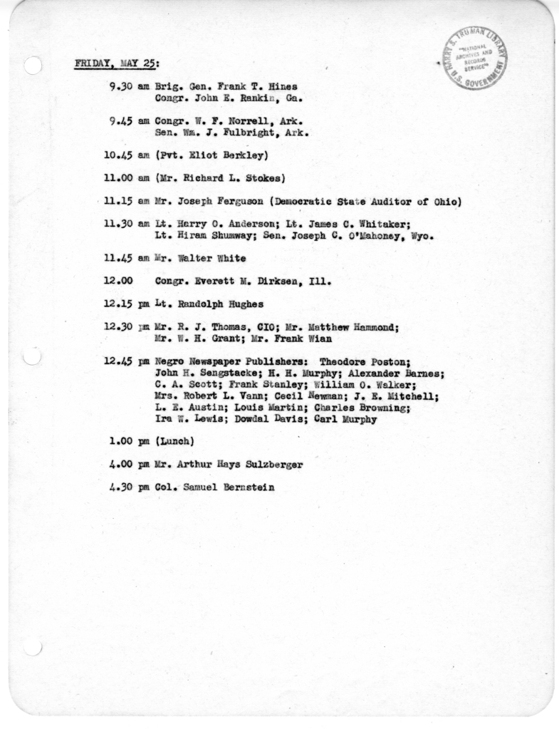 Daily Appointment Sheet for President Harry S. Truman