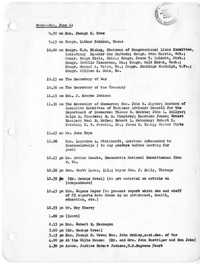 Daily Appointment Sheet for President Harry S. Truman